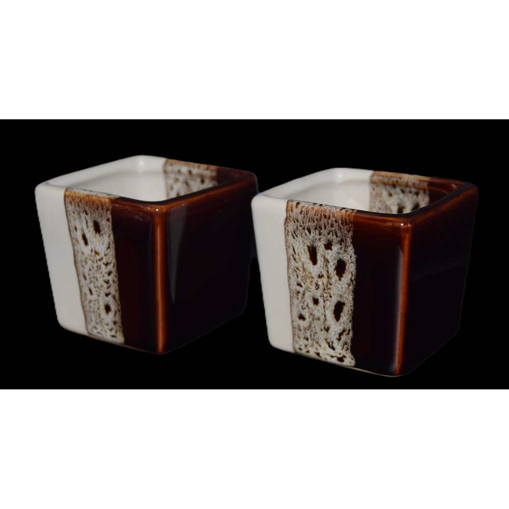 Vintage Pier 1 Tri Color Square Espresso Mugs Set of 2 Brown White Stoneware